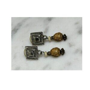 Vintage Tribal Ethnic Silver Tone Square Post Dangle Earrings Abstract Design Bo